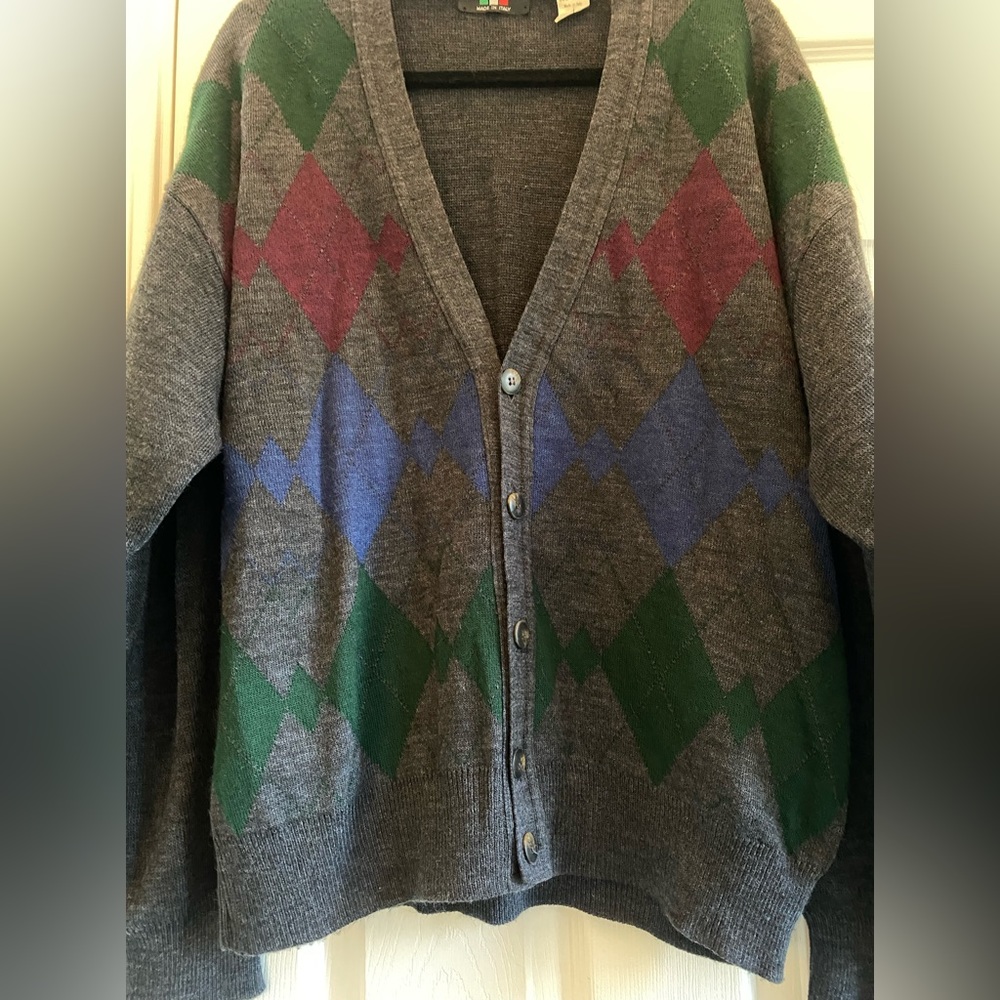 THE ITALIAN SWEATER CO MADE IN ITALY LONG-SLEEVE ARGYLE BUTTON-UP SWEATER-LARGE - Picture 2 of 9